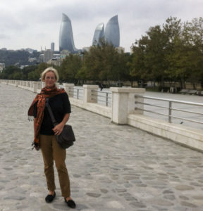 Mary Kay on the Caspian Sea with the Flame Towers