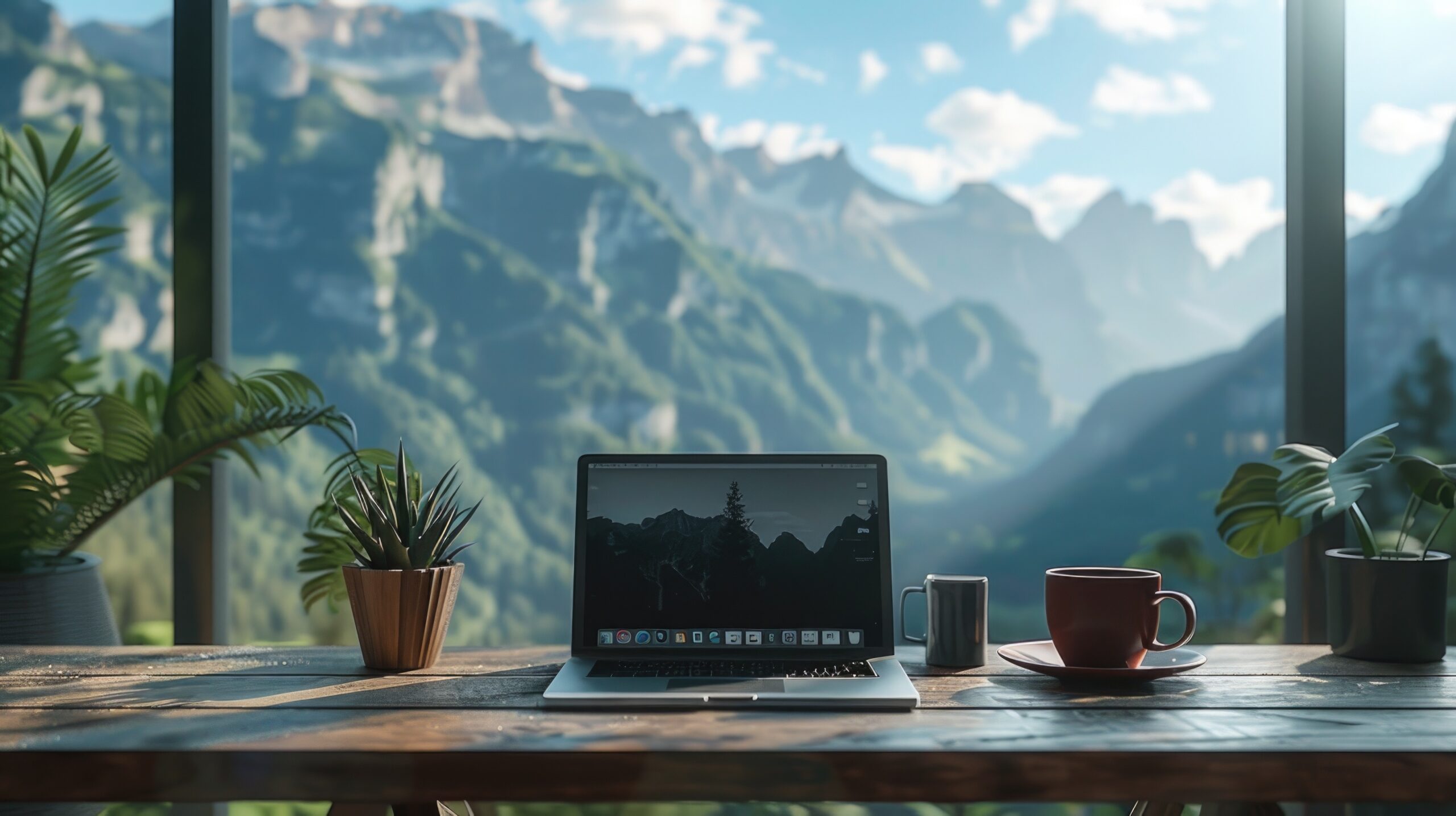 Serene Mountain View Home Office Setup with Laptop and Coffee